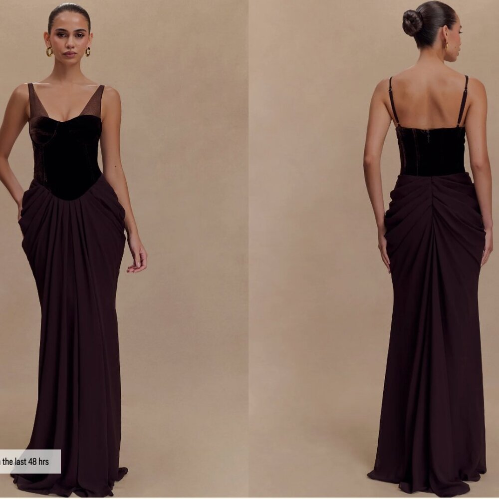 NWT Meshki Roxanne Velvet Corset Maxi Dress - Cacao Brown XS Xsmall 2US 34EU